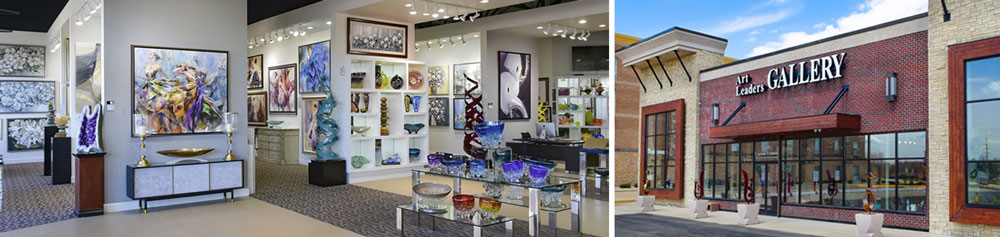 Art Leaders Gallery and Custom Framing in West Bloomfield, MI. Exterior and interior of art gallery. Anna Razmovskaya, Andrew Madvin, Framed fine art and glass sculptures.