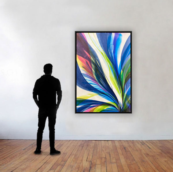 Pacific Light by Antonio Molinari; poured paint art with blue pink and yellow colors