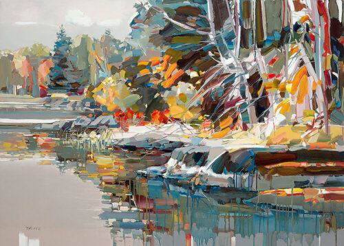 Paradise Found by Josef Kote. This abstract fall landscape of coastline and the forests edge make the perfect colorful canvas.