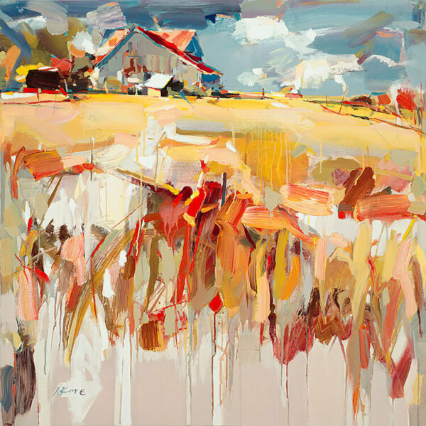 The Old Barn by Josef Kote. This abstract limited edition artwork of a farm landscape features glowing fall colors.