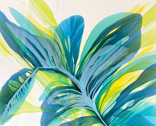 Palm Breeze by Antonio Molinari at Art Leaders Gallery. Blue, white, and yellow poured paint abstract.