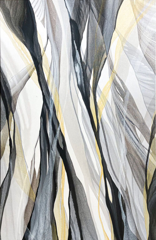 Midas II by Antonio Molinari at Art Leaders Gallery. Black white and gold abstract poured paint