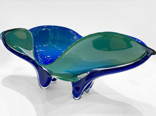 Carribean Blue Bowl by Ed Branson. Blue glass art sculpture at Art Leaders Gallery.